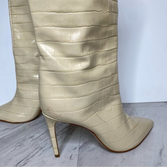 Schutz Maryana Eggshell Croc Embossed Leather Tall Heeled Boot 8 1/2 B - Picture 9 of 16